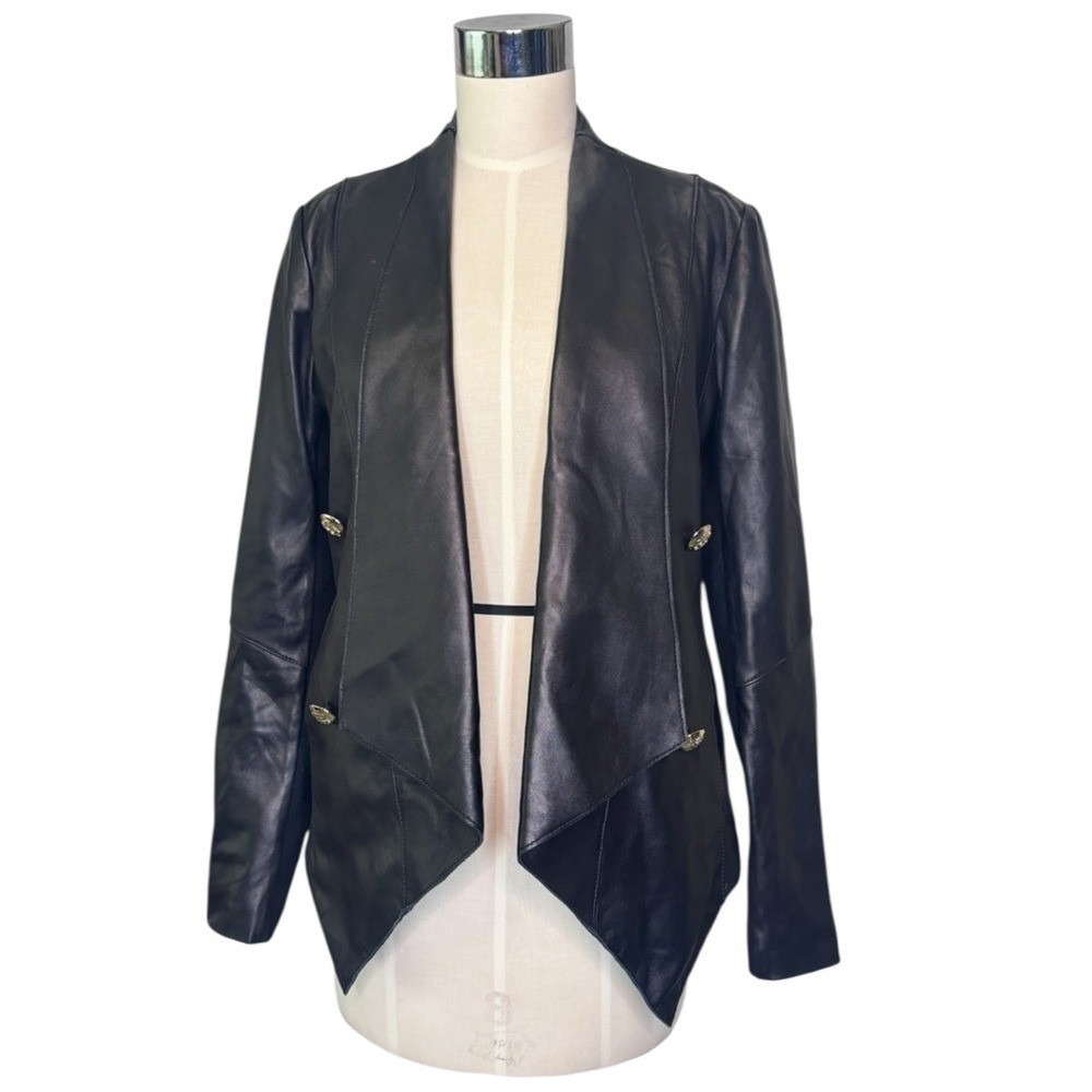 Elie Tahari Black Genuine Leather Jacket  with Shawl Collar and Gold‎ Buttons S